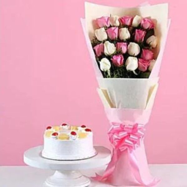 Sweet & Shy Roses Bouquet & Pineapple Cake